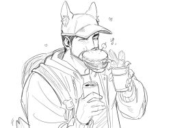 Rule 34 | 1boy, animal ears, animal hat, backpack, bag, bara, baseball cap, beard, beard stubble, borrowed character, can, cat boy, cat cap guy (rinotuna), cat ears, cat hat, eating, facial hair, fast food, greyscale, hat, heart, highres, jacket, liliiliillj, loving aura, male focus, mature male, monochrome, mouth hold, mustache, mustache stubble, original, shirt, sketch, solo, stubble, t-shirt, tail, tail wagging, thick eyebrows, upper body, white background