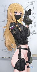 Rule 34 | 1girl, absurdres, ass, black gloves, black jacket, black mask, blonde hair, blue eyes, blush, bottomless, breasts, candy, food, fsb, gloves, gun, handgun, highres, holding, holding candy, holding food, holding gun, holding lollipop, holding weapon, holster, jacket, large breasts, lollipop, long hair, looking at viewer, looking to the side, marker, mask, mouth mask, mp-443 grach, no panties, original, russian flag, sawkm, skindentation, solo, tactical clothes, thigh holster, thigh strap, very long hair, weapon, whiteboard