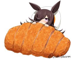 Rule 34 | 1girl, animal ears, blush, brown hair, chibi, closed mouth, commentary request, food, food request, hair over one eye, hands up, horse ears, katsu (food), looking at viewer, lying, on back, purple eyes, rice shower (umamusume), simple background, smile, solo, sudou noboru, twitter username, umamusume, white background