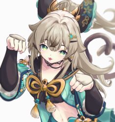 Rule 34 | 1girl, :3, :d, absurdres, animal ears, black shirt, cat ears, cat tail, cholete, commentary, crop top, fake animal ears, genshin impact, green eyes, green jacket, grey hair, hair intakes, hair ornament, hairclip, highres, jacket, kirara (genshin impact), long hair, long sleeves, looking at viewer, midriff, multiple tails, navel, open clothes, open jacket, open mouth, paw pose, shirt, simple background, smile, solo, stomach, tail, two tails, upper body, white background