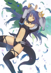 Rule 34 | 1girl, arc system works, asymmetrical wings, bad id, bad pixiv id, blue hair, bow, breasts, choker, dizzy (guilty gear), feathers, guilty gear, hair bow, long hair, medium breasts, midriff, navel, red eyes, ribbon, solo, tail, tail ornament, tail ribbon, tara (677965), thighhighs, twintails, underboob, wings