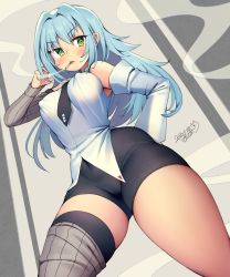 Rule 34 | 1girl, bike shorts, blue hair, blush, cameltoe, cigarette, covered erect nipples, cowboy shot, dated, detached sleeves, from below, green eyes, hand on own hip, highres, iroyopon, long hair, long sleeves, necktie, original, signature, single thighhigh, smoke, smoking, solo, thighhighs