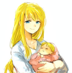 Rule 34 | 1boy, 1girl, baby, blanket, blonde hair, blue eyes, carrying, closed eyes, fullmetal alchemist, happy, long hair, looking at viewer, mother and son, shirt, short hair, simple background, sleeping, smile, spoilers, tsukuda0310, white background, white shirt, winry rockbell