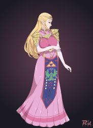 Rule 34 | 1girl, absurdres, artist name, blonde hair, breasts, dress, elbow gloves, facing away, gloves, highres, large breasts, long hair, looking to the side, nintendo, pelvic curtain, pink dress, pointy ears, princess zelda, r3dfive, solo, super smash bros., the legend of zelda, the legend of zelda: ocarina of time, white gloves