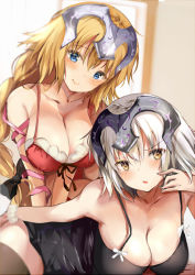 Rule 34 | 2girls, bad id, bad pixiv id, bedroom, black nightgown, blonde hair, blue eyes, board game, braid, breasts, cleavage, commentary request, fate/grand order, fate (series), go (board game), headpiece, indoors, jeanne d&#039;arc (fate), jeanne d&#039;arc (ruler) (fate), jeanne d&#039;arc alter (avenger) (fate), jeanne d&#039;arc alter (fate), large breasts, multiple girls, nightgown, pon (ponidrop), red nightgown, short hair, silver hair, smile, thighhighs, tsurime, yellow eyes