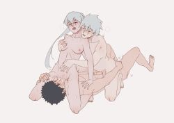 Rule 34 | 1girl, 2boys, abs, anal, ass, ass grab, bisexual male, black hair, blush, breasts, closed eyes, completely nude, cowgirl position, cum, cumdrip, cunnilingus, dual persona, genderswap, genderswap (mtf), girl on top, grabbing, grabbing from behind, grey hair, group sex, hatake kakashi, heterochromia, implied anal, implied penetration, kneeling, legs apart, long hair, lying, male ass, male spitroast, mmf threesome, moaning, multiple boys, muscular, muscular arms, muscular legs, muscular male, naruto (series), naruto shippuuden, nipples, nude, on back, oral, pectorals, pectorals, penis, pussy, reverse spitroast, scar, scar across eye, scar on face, selfcest, sex, sharingan, short hair, spitroast, spread legs, straddling, tattoo, thighs, threesome, toned, toned male, toned stomach, twintails, uchiha obito, uw bucciarati