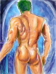 Rule 34 | 1boy, ass, green hair, inmomakuro, male focus, muscular, nude, one piece, roronoa zoro, solo