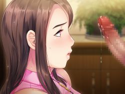 Rule 34 | 1girl, bare shoulders, blurry, blurry background, blush, brown hair, censored, edo shigezu, erection, from side, game cg, indoors, long hair, mosaic censoring, original, parted lips, penis, pink eyes, saimin eyedrops, sleeveless, solo focus, sweat, upper body