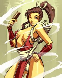 Rule 34 | 1girl, breasts, cleavage, fatal fury, genzoman, one eye closed, pelvic curtain, revealing clothes, shiranui mai, snk, solo, the king of fighters, wink