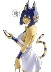 Rule 34 | 1girl, :&lt;, absurdres, animal crossing, animal ears, ankha (animal crossing), ankha zone (meme), black eyes, blue fur, blue hair, blunt bangs, bob cut, breasts, cat ears, cat girl, cat tail, cellphone, dress, egyptian, egyptian clothes, from side, furry, furry female, hair ornament, harris hero, highres, holding, holding phone, large breasts, looking at viewer, nintendo, phone, short hair, simple background, sleeveless, sleeveless dress, snake hair ornament, solo, standing, striped tail, sweat, tail, two-tone fur, upper body, white background, white dress, yellow fur