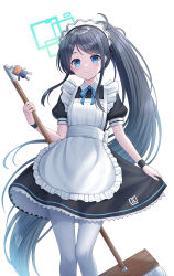 Rule 34 | 1girl, aris (blue archive), black hair, blue archive, blue eyes, highres, long hair, maid, ponytail, seungju lee, short sleeves, simple background, smile, solo, standing