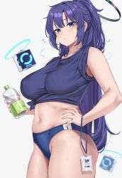 Rule 34 | 1girl, :o, armpits, black shirt, blue archive, blue buruma, blue eyes, bottle, breasts, buruma, cowboy shot, halo, hand on own hip, highres, holding, holding bottle, large breasts, long hair, looking at viewer, midriff, moisture (chichi), navel, open mouth, purple hair, shirt, solo, star (symbol), star sticker, sticker on face, sweat, sweatdrop, tied shirt, yuuka (blue archive)