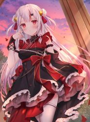 Rule 34 | 1girl, alternate costume, bell, blush, commentary request, cowboy shot, detached sleeves, double bun, dress, dusk, frilled dress, frills, hair bell, hair bun, hair ornament, hair ribbon, haruhitooo, highres, hololive, long hair, long sleeves, looking at viewer, multicolored hair, nakiri ayame, outdoors, red eyes, red hair, ribbon, single detached sleeve, solo, streaked hair, thighhighs, tress ribbon, very long hair, virtual youtuber, white hair, white thighhighs