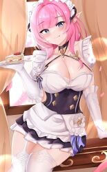 Rule 34 | 1girl, absurdres, apron, bare shoulders, blue eyes, blush, breasts, cake, cake slice, cleavage, curtains, dress, elf, elysia (honkai impact), food, gloves, hair ornament, highres, holding, holding tray, honkai (series), honkai impact 3rd, kuro (blackpgmickey), large breasts, light rays, long hair, looking at viewer, maid, maid apron, maid cafe, maid headdress, pink hair, pointy ears, ponytail, purple eyes, ribbon, skirt, smile, solo, strawberry cake, sunlight, thighhighs, tray, white gloves, window