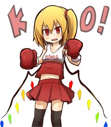 Rule 34 | 1girl, :d, alternate costume, black thighhighs, blonde hair, blush, boxing, boxing gloves, clothes writing, cowboy shot, eyebrows, fangs, flandre scarlet, hair between eyes, highres, jpeg artifacts, looking at viewer, open mouth, red eyes, short hair, side ponytail, simple background, sleeveless, smile, solo, standing, thighhighs, touhou, upper body, white background, wings, yogurt bakudan, zettai ryouiki