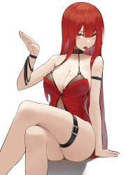 Rule 34 | 1girl, absurdres, breasts, cleavage, collar, collarbone, commentary request, crimson avenger (elsword), crossed legs, dress, elesis (elsword), elsword, feet out of frame, hand up, highres, large breasts, long hair, looking at viewer, lordol, open mouth, red dress, red hair, simple background, sitting, skindentation, sleeveless, sleeveless dress, solo, thigh strap, tongue, tongue out, very long hair, white background, wristband, yellow eyes
