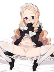 Rule 34 | 1girl, 2l (2lsize), absurdres, bed sheet, black dress, black gloves, blonde hair, blue eyes, blush, clothes lift, commentary request, dress, dress lift, frilled dress, frills, glasses, gloves, groin, half gloves, highleg, highleg panties, highres, loafers, long hair, long sleeves, looking at viewer, maid, maid headdress, navel, original, panties, parted bangs, puffy sleeves, round eyewear, shoes, sitting, solo, spread legs, thick eyebrows, thighhighs, underwear, wavy hair, white background, white panties