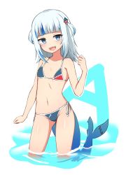 Rule 34 | 1girl, :3, :d, a (phrase), adapted costume, bikini, blue bikini, blue eyes, blue hair, blunt bangs, breasts, collarbone, fins, fish tail, gawr gura, groin, hair ornament, hand up, highres, hololive, hololive english, looking at viewer, medium hair, midriff, multicolored hair, nanju bami, navel, open mouth, partially submerged, shark girl, shark hair ornament, shark tail, sharp teeth, side-tie bikini bottom, small breasts, smile, solo, streaked hair, swimsuit, tail, teeth, two-tone hair, two side up, upper teeth only, v-shaped eyebrows, virtual youtuber, wading, white background, white hair