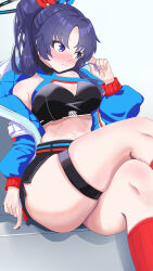 Rule 34 | 1girl, absurdres, alternate hairstyle, black skirt, blue archive, blue jacket, blush, closed mouth, cosplay, crop top, crossed legs, garter straps, gridman universe, halo, highres, jacket, kc ncp, long hair, long sleeves, mechanical halo, midriff, miniskirt, open clothes, open jacket, ponytail, purple eyes, purple hair, sitting, skirt, solo, ssss.gridman, takarada rikka, takarada rikka (cosplay), takarada rikka (solarain toys), thick thighs, thighs, yuuka (blue archive)