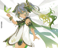 Rule 34 | 1girl, cross-shaped pupils, crystalfly (genshin impact), detached sleeves, dress, genshin impact, green eyes, green hair, green theme, hair between eyes, hair ornament, long hair, multicolored hair, nahida (genshin impact), parted lips, pointy ears, ponytail, side ponytail, simple background, solo, symbol-shaped pupils, twitter username, ueauwa, white background, white dress