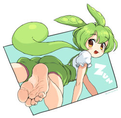 Rule 34 | 1girl, absurdres, artist name, ass, bare legs, barefoot, brown eyes, dutch angle, feet, female focus, foot out of frame, from behind, gluteal fold, green hair, green shorts, highres, looking at viewer, looking back, open mouth, oyatsu (mk2), shirt, short sleeves, shorts, smile, soles, solo, suspender shorts, suspenders, thighs, toenails, toes, voicevox, white shirt, zundamon
