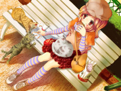 Rule 34 | 1girl, bad id, bad pixiv id, bench, burger, cat, cosmo (bousoup), cosmo p, eating, female focus, food, french fries, full body, hat, kneehighs, mcdonald&#039;s, nature, outdoors, shoes, skirt, socks, solo, striped clothes, striped socks