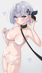 Rule 34 | 1girl, absurdres, adjusting hair, black choker, blue eyes, blue nails, blush, bow, bra, bra pull, braid, breasts, choker, closed mouth, clothes pull, collarbone, commentary, embarrassed, english commentary, french braid, garter belt, garter straps, grey background, grey hair, hair bow, hand up, heart, highres, hololive, hololive indonesia, leash, looking at viewer, magui3, medium breasts, medium hair, navel, panties, pov, pulling own clothes, simple background, solo, strap pull, thighhighs, underwear, underwear only, vestia zeta, virtual youtuber, white bra, white garter belt, white garter straps, white panties, white thighhighs