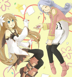 Rule 34 | 00s, 2girls, blue eyes, brown hair, coat, detached sleeves, dress, closed eyes, flower, gloves, grey hair, headband, heart, long hair, marta lualdi, mel (tales), multiple girls, open mouth, pantyhose, ribbon, shoes, skirt, star (symbol), tales of (series), tales of phantasia: narikiri dungeon x, tales of symphonia, tales of symphonia: dawn of the new world, thighhighs, yellow background