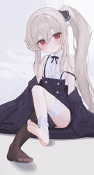 Rule 34 | 1girl, :o, absurdres, anparu, asymmetrical clothes, bandaged leg, bandages, bare shoulders, black bow, black pantyhose, black skirt, black sweater, blonde hair, blush, bow, breasts, commentary request, feet, frills, full body, hair between eyes, hair bow, highres, knee up, long hair, looking at viewer, off shoulder, original, pantyhose, parted lips, partial commentary, ponytail, red eyes, shirt, sidelocks, single pantsleg, sitting, skirt, sleeveless, sleeveless shirt, sleeves past fingers, sleeves past wrists, small breasts, solo, strap slip, suspender skirt, suspenders, sweater, toes, very long hair, white background, white shirt