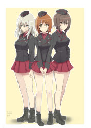 Rule 34 | 10s, 3girls, ankle boots, artist name, black footwear, black hat, black jacket, black legwear, blue eyes, boots, brown eyes, brown hair, clenched hand, closed mouth, dated, dress shirt, frown, full body, garrison cap, girl sandwich, girls und panzer, hand on another&#039;s shoulder, hand on own hip, hat, interlocked fingers, itsumi erika, jacket, kuromorimine military uniform, long hair, long sleeves, looking at viewer, looking away, military, military hat, military uniform, miniskirt, multiple girls, nishizumi maho, nishizumi miho, outside border, own hands together, pleated skirt, red shirt, red skirt, sandwiched, shirt, short hair, siblings, side-by-side, silver hair, sisters, sketch, skirt, smile, socks, standing, sweatdrop, uniform, v-shaped eyebrows, wing collar, yellow background, yukiyanagi raki