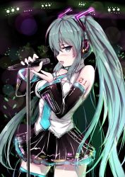Rule 34 | 1girl, bad id, bad pixiv id, blue eyes, detached sleeves, green hair, hatsune miku, headphones, highres, long hair, microphone, microphone stand, necktie, skirt, solo, tattoo, thighhighs, tongue, twintails, very long hair, vocaloid, zheyi parker