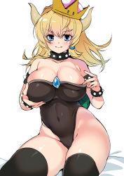 Rule 34 | 1girl, armlet, bare arms, bare hips, bare shoulders, bed sheet, black collar, black leotard, black thighhighs, blue eyes, blue gemstone, blush, borrowed design, bowsette, bracelet, breasts, cleavage, collar, collarbone, commentary request, covered navel, crown, forked eyebrows, gem, hands up, high ponytail, highleg, highleg leotard, highres, hip bones, horns, jewelry, large breasts, leotard, long hair, looking at viewer, mario (series), new super mario bros. u deluxe, nintendo, ruri rarako, simple background, sitting, solo, spiked armlet, spiked bracelet, spiked collar, spikes, strapless, strapless leotard, super crown, thick eyebrows, thighhighs, tilted headwear, tongue, tongue out, turtle shell, v-shaped eyebrows, white background
