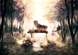 Rule 34 | 1girl, blonde hair, chair, concrete, dancing, day, doll joints, dress, forest, grass, halter dress, halterneck, instrument, joints, long hair, nature, original, piano, plant, puddle, rock, siro (asteblanc), sleeveless, solo, tree