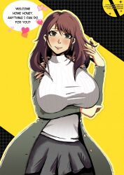 Rule 34 | 1girl, absurdres, aged up, blush, breasts, english text, grey eyes, grey jacket, grey skirt, head tilt, heart, highres, huge breasts, jacket, kujikawa rise, large breasts, looking at viewer, medium breasts, mporci, parted lips, persona, persona 4, pink lips, ribbed sweater, skirt, smile, solo, speech bubble, sweater, twirling hair, watermark, web address, white sweater