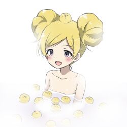 Rule 34 | 1girl, armpits, bare shoulders, bathing, blonde hair, blush, breasts, collarbone, dot nose, double bun, emily stewart, eyelashes, food, food on head, fruit, fruit on head, hair bun, highres, idolmaster, idolmaster million live!, idolmaster million live! theater days, matcha kingyo, naked towel, object on head, open mouth, parted bangs, sidelocks, small breasts, solo, steam, towel, upper body, yuzu (fruit)