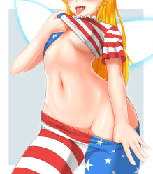 Rule 34 | 1girl, :d, american flag dress, american flag legwear, blonde hair, blush, border, breasts, clothes lift, clothes pull, clownpiece, commentary request, cowboy shot, dress, dress lift, fairy wings, frilled shirt collar, frills, grey background, groin, head out of frame, highres, hip focus, horizontal-striped legwear, lifted by self, long hair, midriff, navel, neck ruff, nekoda (maoda), no bra, no panties, open mouth, pantyhose, pantyhose pull, revision, saliva, shiny skin, short sleeves, simple background, small breasts, smile, solo, standing, star (symbol), star print, stomach, striped clothes, striped pantyhose, thighs, tongue, tongue out, touhou, underboob, undressing, white border, wings
