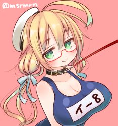 Rule 34 | 10s, 1girl, ahoge, bad id, bad pixiv id, bdsm, blonde hair, breasts, character name, collar, female focus, glasses, green eyes, hair ribbon, hat, i-8 (kancolle), kantai collection, large breasts, leash, looking at viewer, mashiro miru, one-piece swimsuit, pink background, red-framed eyewear, ribbon, sailor hat, school swimsuit, semi-rimless eyewear, simple background, slave, smile, smug, solo, swimsuit, twintails, twitter username, under-rim eyewear, viewer holding leash
