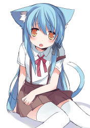 Rule 34 | 1girl, :o, animal ears, bad id, bad pixiv id, blue hair, breasts, cat ears, cat tail, fang, long hair, mizuki (koko lost), original, skirt, small breasts, solo, suspenders, tail, thighhighs, white thighhighs