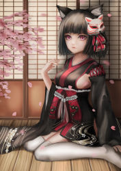 Rule 34 | 1girl, absurdres, animal ears, architecture, azur lane, black hair, blunt bangs, blunt ends, cat ears, cherry blossoms, closed mouth, detached sleeves, east asian architecture, eyebrows, eyebrows hidden by hair, flower, fox mask, hand up, highres, indoors, japanese clothes, kimono, knees together feet apart, lips, looking at viewer, mask, mask on head, petals, pink eyes, red ribbon, ribbon, short hair, shouji, sitting, sliding doors, solo, sora961082999, thighhighs, white thighhighs, wide sleeves, yamashiro (azur lane)