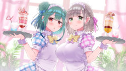 Rule 34 | 2girls, alternate costume, apron, bow, bowtie, braid, breasts, closed mouth, double bun, dress, drinking straw, food, green eyes, green hair, hair bun, holding, holding tray, hololive, ice cream, large breasts, looking at viewer, maid apron, maid headdress, multiple girls, open mouth, puffy sleeves, red eyes, shirogane noel, short hair, short sleeves, silver hair, tray, tsukudani norio, upper body, uruha rushia, virtual youtuber, wrist cuffs
