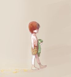 Rule 34 | androgynous, brown hair, chara (undertale), expressionless, gender request, hair over one eye, hand in pocket, holding, holding clothes, minunnu, no nipples, petals, red eyes, scar, shorts, simple background, socks, solo, spoilers, striped clothes, striped sweater, sweater, topless, undertale, unworn clothes, walking