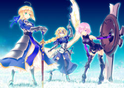 Rule 34 | 3girls, ahoge, armor, armored boots, armored dress, armored leotard, artoria pendragon (all), artoria pendragon (fate), banner, bent over, black legwear, black leotard, blonde hair, blue dress, blue eyes, blue ribbon, blue sky, boots, braid, braided ponytail, breasts, breasts apart, caliburn (fate), dress, elbow gloves, fate (series), faulds, full body, gauntlets, gloves, hair over one eye, hair ribbon, hand on own knee, hands on hilt, headpiece, holding, holding shield, jeanne d&#039;arc (fate), jeanne d&#039;arc (ruler) (fate), leotard, long hair, looking at viewer, mash kyrielight, medium breasts, multiple girls, noriccho!, outdoors, pink eyes, pink hair, pixiv fate/grand order contest 2, purple gloves, ribbon, saber (fate), sheath, sheathed, shield, short hair, single braid, sky, standing, sword, thigh boots, thighhighs, very long hair, weapon