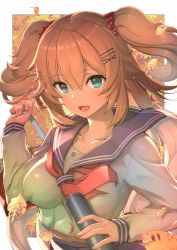 Rule 34 | 1girl, :d, absurdres, akai haato, aqua eyes, autumn leaves, bag, breasts, collarbone, hair ornament, hairclip, heart, heart hair ornament, highres, hololive, ichihachiyon, light brown hair, long hair, long sleeves, looking at viewer, medium breasts, open mouth, school uniform, short twintails, smile, solo, twintails, upper body, virtual youtuber
