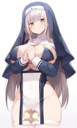 Rule 34 | 1girl, bikini, blue bikini, blush, breasts, commentary request, covered navel, green eyes, grin, habit, highres, hololive, huge breasts, long hair, long sleeves, looking at viewer, mou tama maru, no panties, nun, own hands clasped, own hands together, pelvic curtain, shirogane noel, silver hair, simple background, smile, solo, string bikini, swimsuit, thighhighs, very long hair, virtual youtuber, white background, white thighhighs