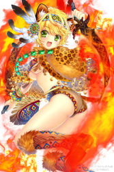 Rule 34 | 1girl, :3, a.yuuki, animal ears, ass, blonde hair, boots, bracelet, breasts, dual wielding, fang, feather hair ornament, feathers, green eyes, feather hair ornament, hair ornament, hairband, holding, jewelry, knee boots, lots of jewelry, nail polish, original, seiken orochi chronicle, short hair, solo, sword, tail, underboob, weapon