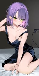 Rule 34 | 1girl, absurdres, alternate costume, alternate hairstyle, arm support, bed, black nightgown, blush, breasts, cleavage, colored inner hair, demon girl, demon tail, double strap slip, green eyes, highres, hololive, looking at viewer, medium breasts, multicolored hair, nightgown, off shoulder, on bed, osechi (pixiv56606477), piercing, pink hair, purple hair, seiza, short hair, simple background, sitting, solo, tail, tail ornament, tail piercing, tokoyami towa, two-tone hair, virtual youtuber