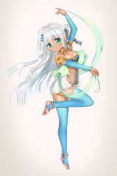 Rule 34 | 1girl, anklet, arm up, ass, bad id, bad pixiv id, bikini, bikini top only, blue thighhighs, bow, breasts, bridal gauntlets, choker, cleavage, dancer, dancing, dark-skinned female, dark skin, detached sleeves, dress, folded ponytail, full body, green eyes, grey background, hair bow, highres, jewelry, leg up, long hair, nail polish, necklace, original, ousawa kanata, outstretched arm, ribbon, short dress, silver hair, simple background, soles, solo, standing, standing on one leg, swimsuit, thighhighs, thighs, tiptoes, toe ring, toeless legwear, toes, white dress