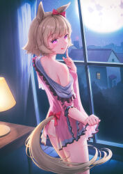 Rule 34 | 1girl, :p, absurdres, alternate costume, animal ears, blush, commentary, curren chan (umamusume), curtains, full moon, highres, horse ears, horse girl, horse tail, house, kachitoki, lamp, lingerie, looking at viewer, looking back, moon, panties, purple eyes, sky, solo, star (sky), starry sky, table, tail, tongue, tongue out, umamusume, underwear, window