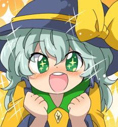 Rule 34 | + +, 1girl, arms up, blush, clenched hand, clenched hands, eromame, face, female focus, green eyes, hat, komeiji koishi, lowres, open mouth, shirt, silver hair, smile, solo, sparkle, touhou