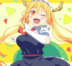 Rule 34 | 10s, 1girl, ;d, black dress, blonde hair, blush, breasts, dragon girl, dragon horns, dragon tail, dress, elbow gloves, fangs, frills, gloves, hair between eyes, horns, kobayashi-san chi no maidragon, looking at viewer, maid, maid headdress, necktie, one eye closed, open mouth, orange eyes, puffy short sleeves, puffy sleeves, red necktie, scales, short sleeves, slit pupils, smile, solo, tail, tohru (maidragon), tomato (lsj44867), twintails, white gloves, yellow background